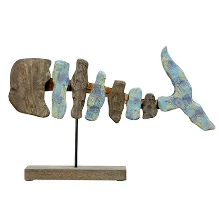 FISH BONE SHORT | 16in X 25in X 4in | Hand Colored Natural Wood Fish Sculpture on Stand | Made In In